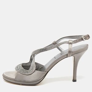 Loriblu Grey Satin Crystal Embellished Ankle Strap Sandals Size 36